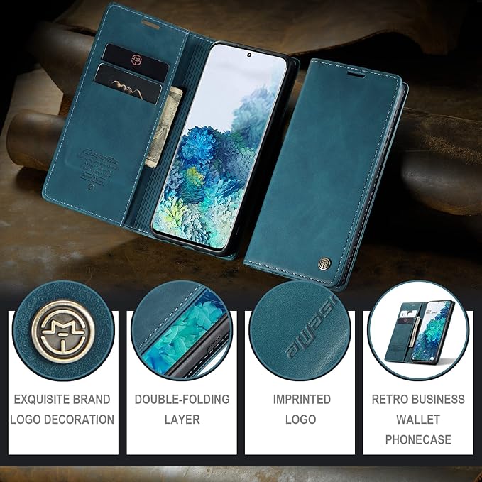 for Samsung Galaxy S20 FE Case, Flip Wallet Leather Case with Card Holder Magnetic Closure Shockproof Kickstand Protective Phone Cases Cover for Samsung S20 FE,Blue-Green