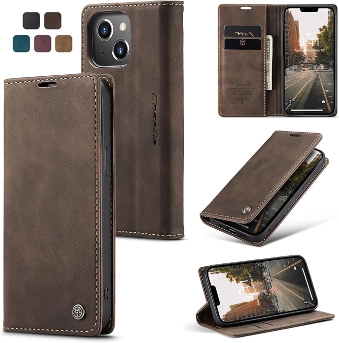 for iPhone 14 Plus Case, Flip Wallet Leather Case with Card Holder Magnetic Closure Shockproof Kickstand Protective Phone Cases Cover for iPhone 14 Plus, Coffee