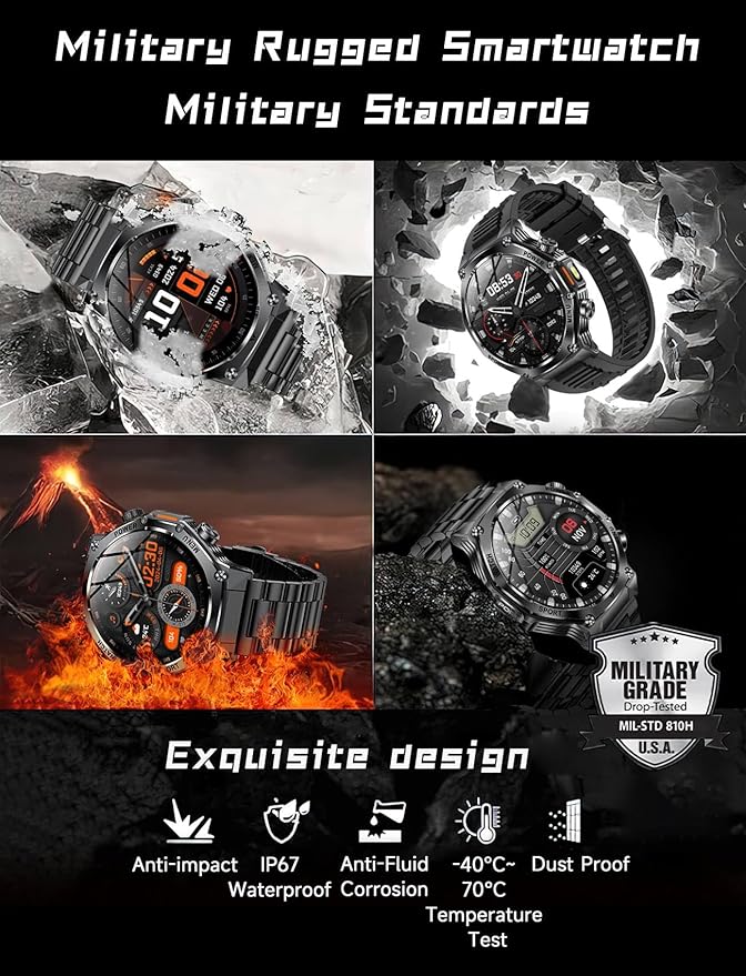 Military Smart Watch for Men, 800mAh Big Battery Smart Watches with LED Flashlight for Android iOS, Answer/Make Call, Fitness Tracker, Blood Oxygen/Heart Rate Monitoring, Sleep Track (2 Bands, Black)