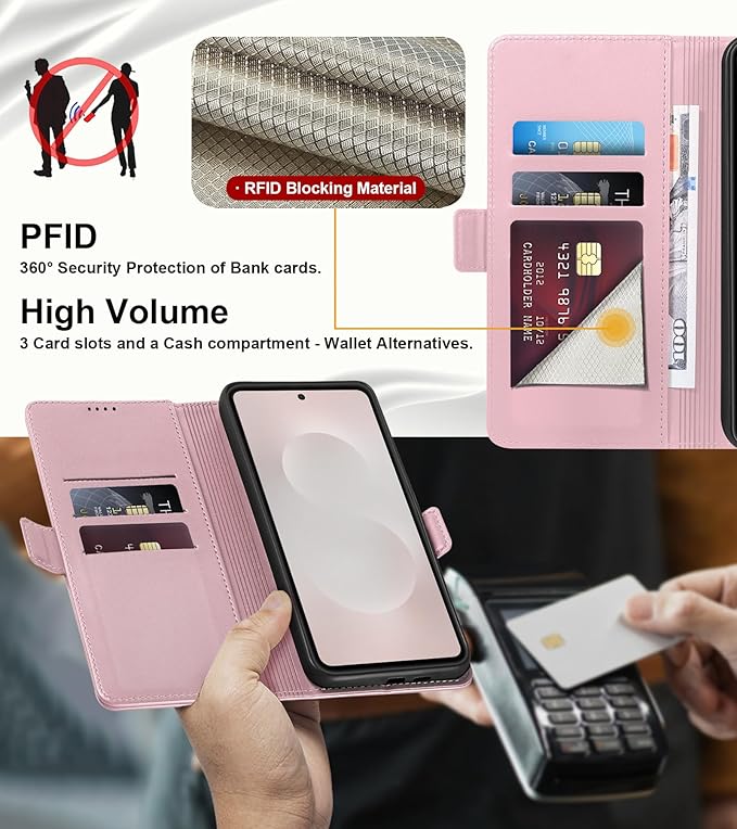 Wallet Flip Case for Samsung Galaxy S25 Edge 5G - [RFID Blocking] Luxury PU Leather Card Holder Magnetic Phone Cover with Kickstand,Shockproof Protective Case,Pink