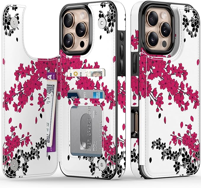 FUNMIKO for iPhone 16 Pro Wallet Case with Card Holder, RFID-Blocking, Military-Grade Protection & UV-Printed Artwork, Magnetic Closure with Leather Kickstand - Dramatic Blossom Drift