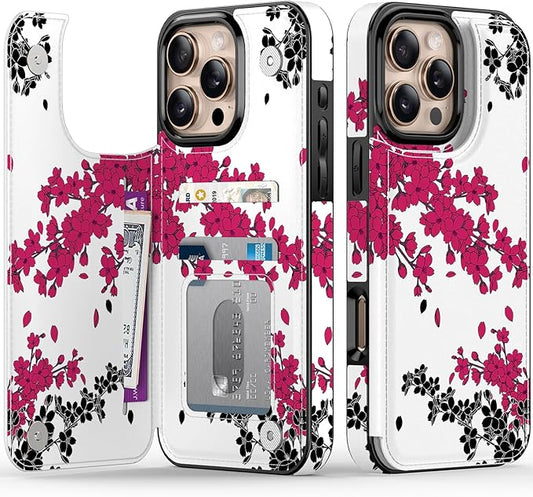FUNMIKO for iPhone 16 Pro Wallet Case with Card Holder, RFID-Blocking, Military-Grade Protection & UV-Printed Artwork, Magnetic Closure with Leather Kickstand - Dramatic Blossom Drift