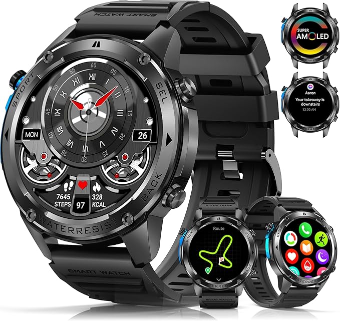 Military Smart Watch for Men with GPS, 1.43" AMOLED Smart Watch with Bluetooth Call, 5ATM Waterproof, 170+ Sports Modes, 500mAh Heart Rate/Sleep/SpO2 Monitor, Fitness Tracker for Android iOS