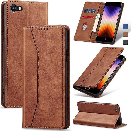 Jasonyu Flip Wallet Case for iPhone SE 2022/2020/8/7,Leather Magnetic Folio Cover with Card Holder,Kickstand - TPU Shockproof Durable Protective Phone Case,Brown