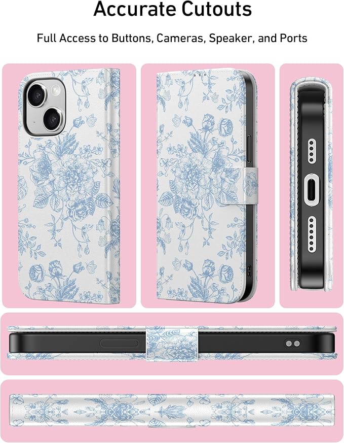DEENAKIN for iPhone 15 Plus Wallet Case with Card Holder + Cash Clip, RFID-Blocking, Military-Grade Drop Protection, Magnetic Closure with Leather Kickstand - Blue Floral Design