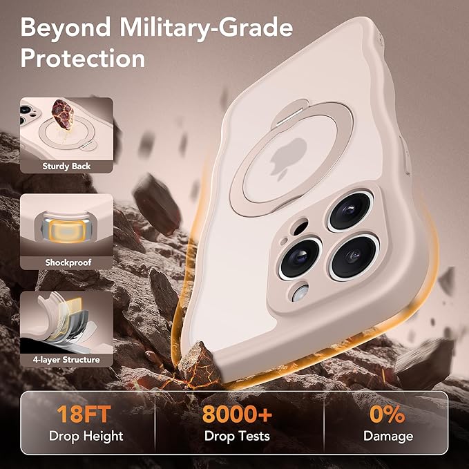 for iPhone 14 Pro Case for Women,[Compatible with Magsafe][360° Spin Magnetic Stand][Cute Wave Edge][Military-Grade Protection] Translucent Matte Phone Case for iPhone 14 Pro, Rose Gold