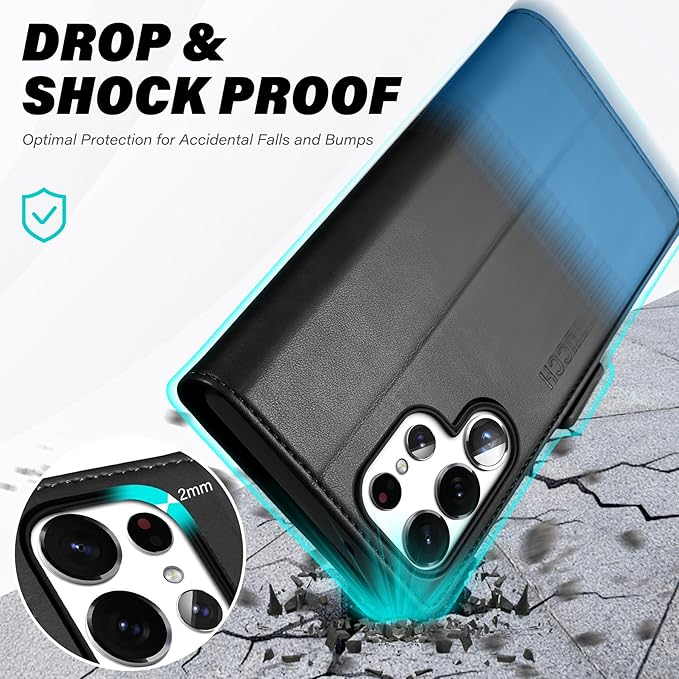 TUCCH Wallet Case for Galaxy S25 Ultra, Magnetic PU Leather Stand [RFID Blocking] Credit Card Holder Flip Cover with [TPU Shockproof Interior Case] Compatible with Galaxy S25 Ultra, Black & Light Blue