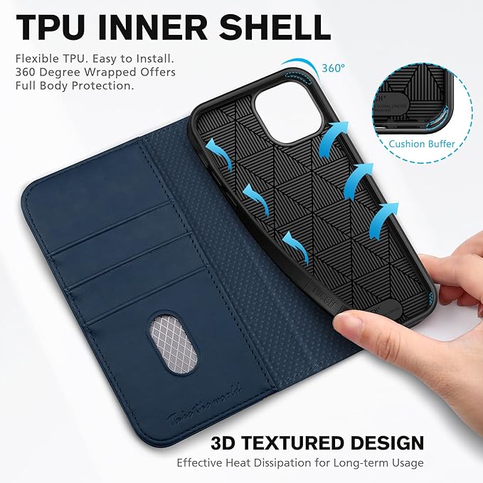 TUCCH Wallet Case for iPhone 14 6.1 5G, PU Leather Folio Case with [RFID Blocking] [3 Card Slot], Kickstand Book Design [Shockproof TPU Interior Case] Compatible with iPhone 14 6.1-inch, Brown & Blue