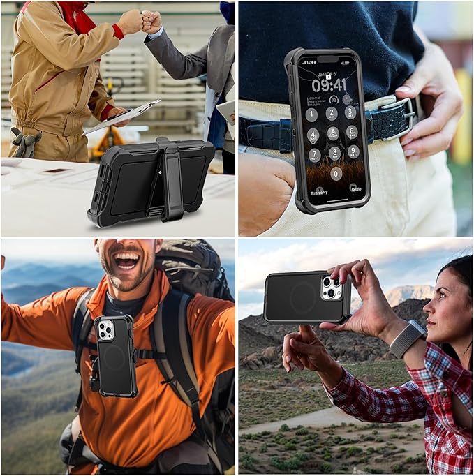 for iPhone 13 Pro Max & 12 Pro Max Case with Belt Clip Holster, Anti-Shock, Anti-Slip, Compatible with MagSafe, 3-Layer Drop Protection, Heavy Duty Magnetic Phone Case Cover, 6.7", Black