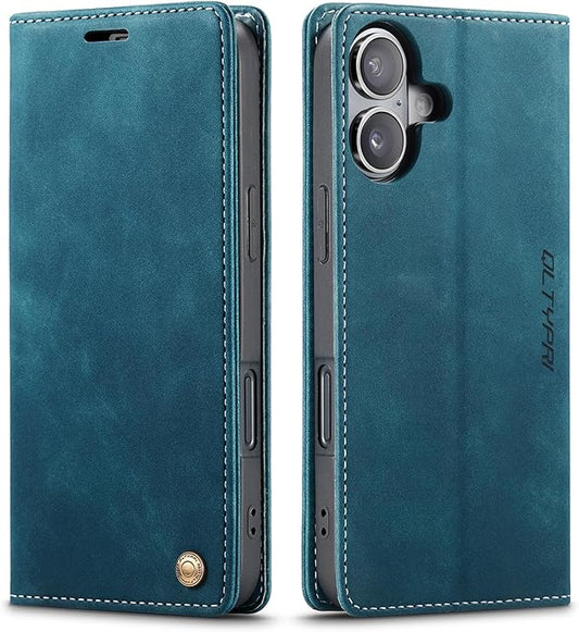 QLTYPRI for iPhone 16 Case Wallet with Card Holder, Vintage PU Leather Kickstand Magnetic Closure Shockproof Folio Book Cover Case for iPhone 16 - Blue