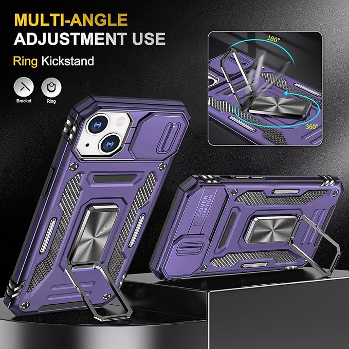 Case for iPhone 14 Plus iPhone Case iPhone 14 Plus Phone Case with Camera Lens Cover, with Ring Holder Kickstand, fit Magnetic Car Mount, for iPhone 14 Plus (Purple)
