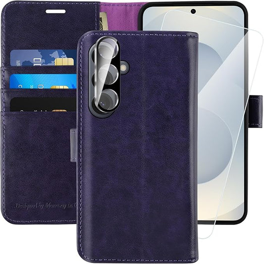 MONASAY Wallet Case Fit for Samsung Galaxy S25+ Plus 5G, [Lens & Glass Screen Protector Included] [RFID Blocking] Flip Folio Leather Cell Phone Cover with Credit Card Holder, 6.7 inch, Purple