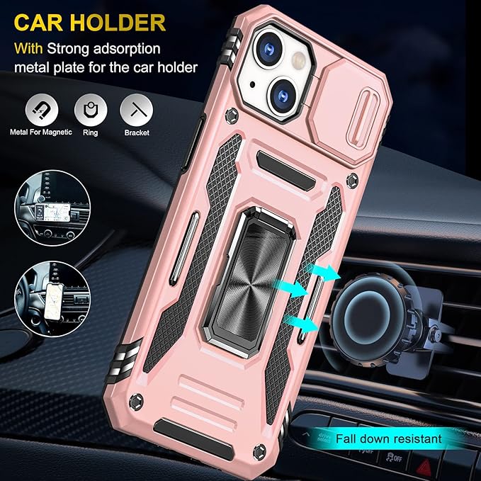 Phone Case for iPhone 14 Case with Camera Cover, with Ring Holder Kickstand, with Magnetic Car Mount Function, for iPhone 14 (Rose Gold)
