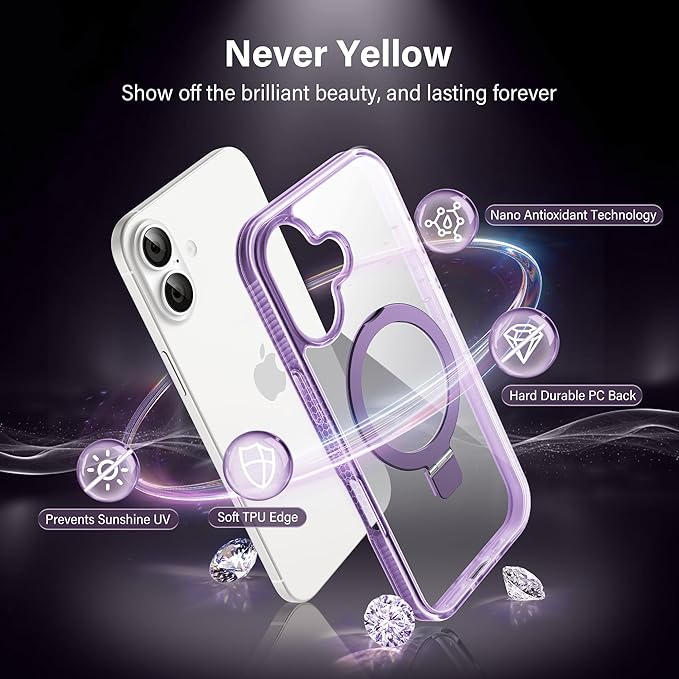 Magnetic Case for iPhone 17 - [Built-in Invisible Stand] [Compatible with MagSafe] [Military Grade Drop Protection] Anti-Yellowing Hard Back Silicone Edge Cover, 6.3", Clear Purple