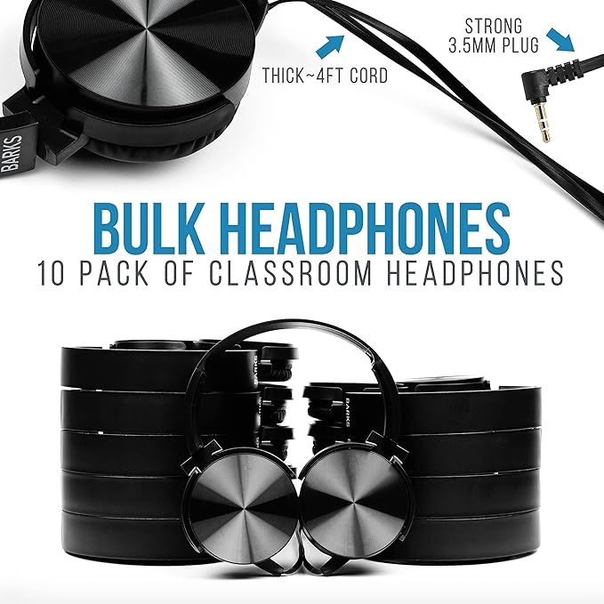 Barks Classroom Headphones (10 Pack): On-Ear Premium Student Bulk Headphones: Perfect for Kids, Grades K-12, Schools & for Class Sets (Great Value, Durable, Noise Reducing, Comfortable, Easy-to-Clean)