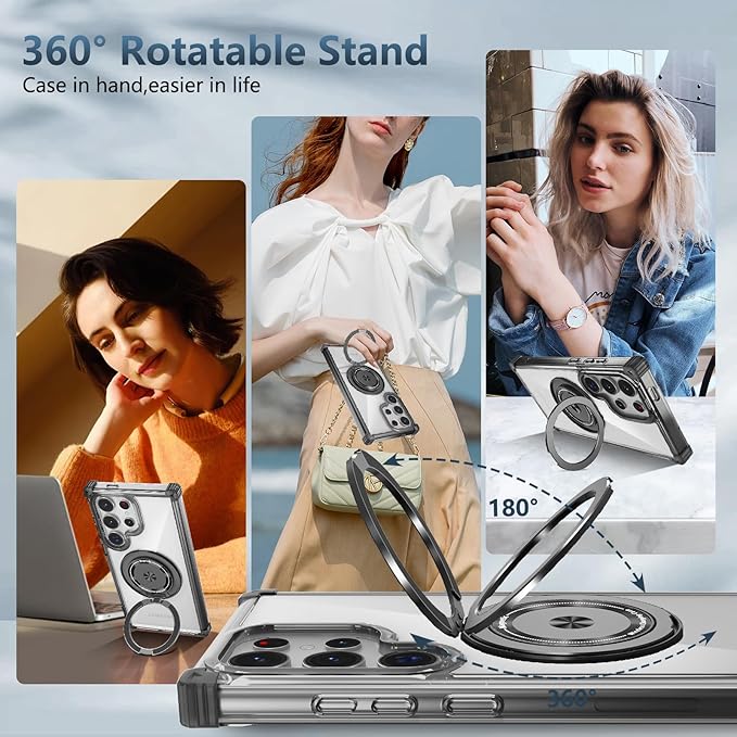 for Samsung Galaxy S23 Ultra Case Compatible with Magnetic Wireless Charging with Screen Protectors, S23 Ultra Case Built-in Kickstand Ring Military Grade Drop Protection Shockproof Black