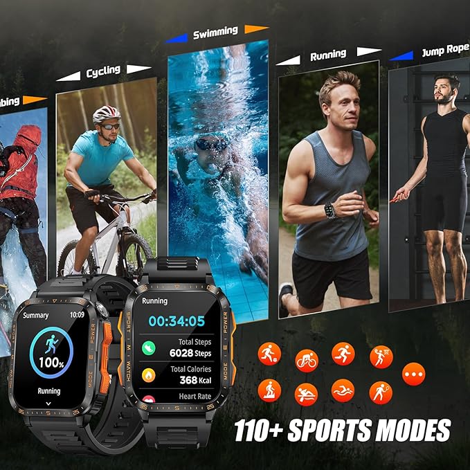 Military Smart Watch for Men with LED Flashlight/UV Light 3ATM Waterproof 1.96" Big Screen Rugged Tactical Smartwatch with Text and Call Fitness Tracker with HR/Sleep Monitor for iPhone Android