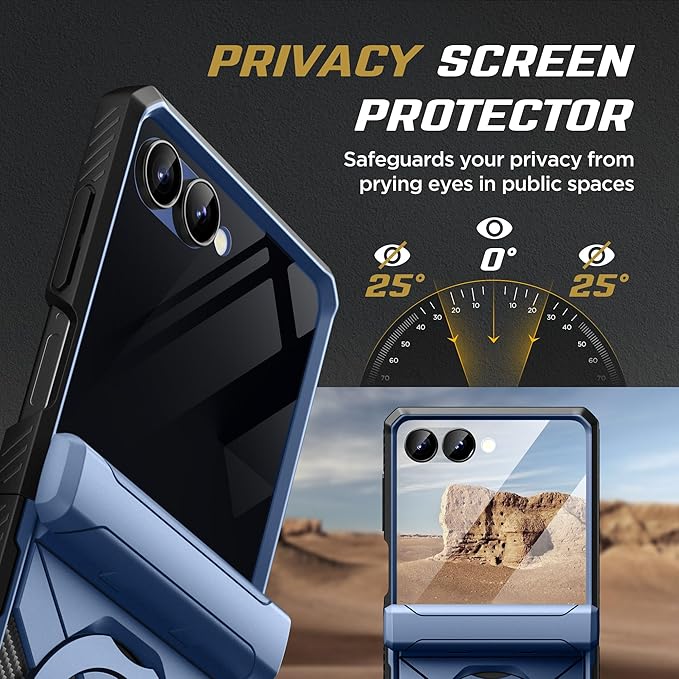 TONGATE 360° Spin Magnetic Stand for Z Flip 7 Case with Privacy Screen Protector, [Compatible with Magsafe] [Anti Spy] Full-Body Shockproof Samsung Galaxy Z Flip 7 Case with Hinge Protection, Blue