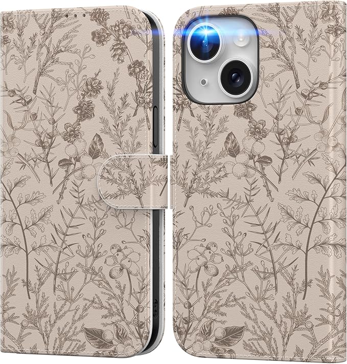 DEENAKIN for iPhone 15 Wallet Case with Card Holder + Cash Clip, RFID-Blocking, Military-Grade Drop Protection, Magnetic Closure with Leather Kickstand - Serene Foliage