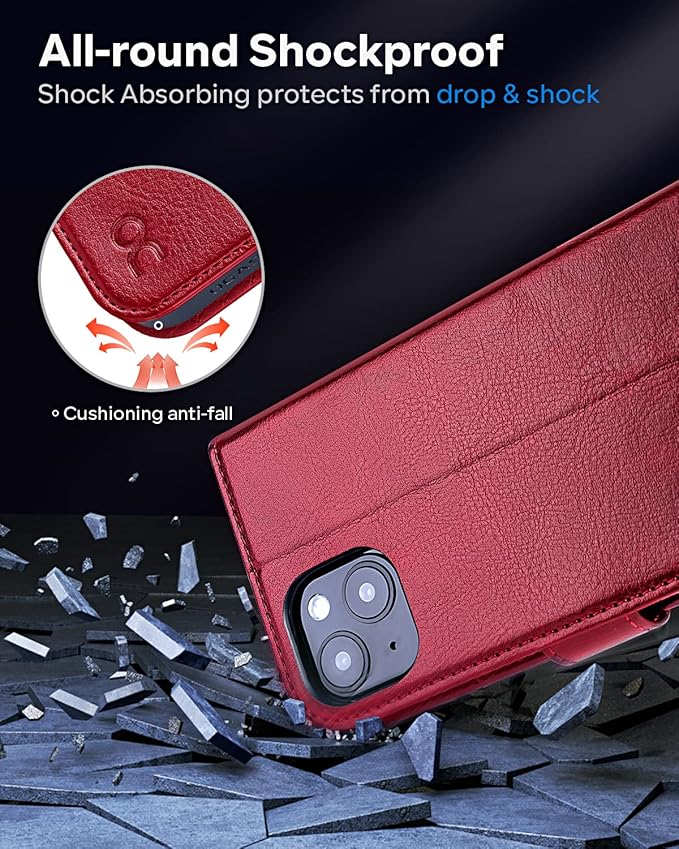 OCASE Compatible with iPhone 14 Wallet Case, PU Leather Flip Folio Case with Card Holders RFID Blocking Kickstand [Shockproof TPU Inner Shell] Phone Cover 6.1 Inch 2022 (Red)