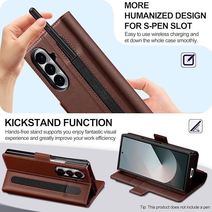 HXY Wallet Case for Samsung Galaxy Z Fold 7 with S Pen Holder, PU Leather Magnetic Flip Case for Men Women with Card Holder Kickstand Shockproof Protection Case for Galaxy Z Fold 7 2025 (Brown)