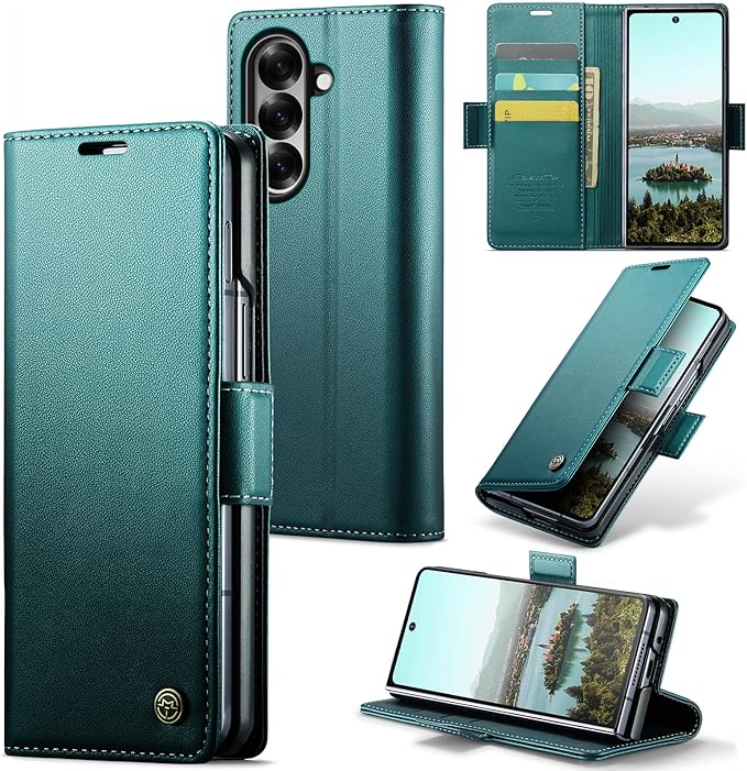 for Samsung Galaxy Z Fold 7 Case, Premium PU Leather Wallet Case Flip Cover with [RFID Blocking][Card Holder][Stand Function] Shockproof Protective for Samsung Galaxy Z Fold 7, Blue-Green