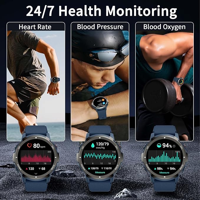 Smart Watches for Men with 4 Buttons, 1.43'' AMOLED Fitness Watch with Heart Rate/BP/Sleep Tracker, Pedometer, 110+ Sport Modes, Password, Waterproof Military Smart Watch for Android iOS