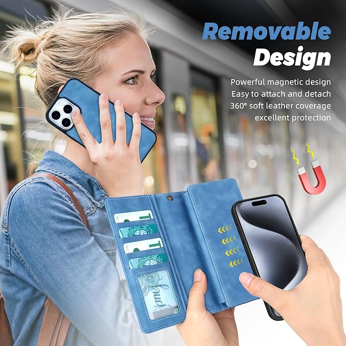 TwoHead Wallet Case Compatible with iPhone 15 Pro,Detachable Magnetic Phone Case,All-Round Protective Leather Phone Case with Card Holder,6.1 in,Sky Blue
