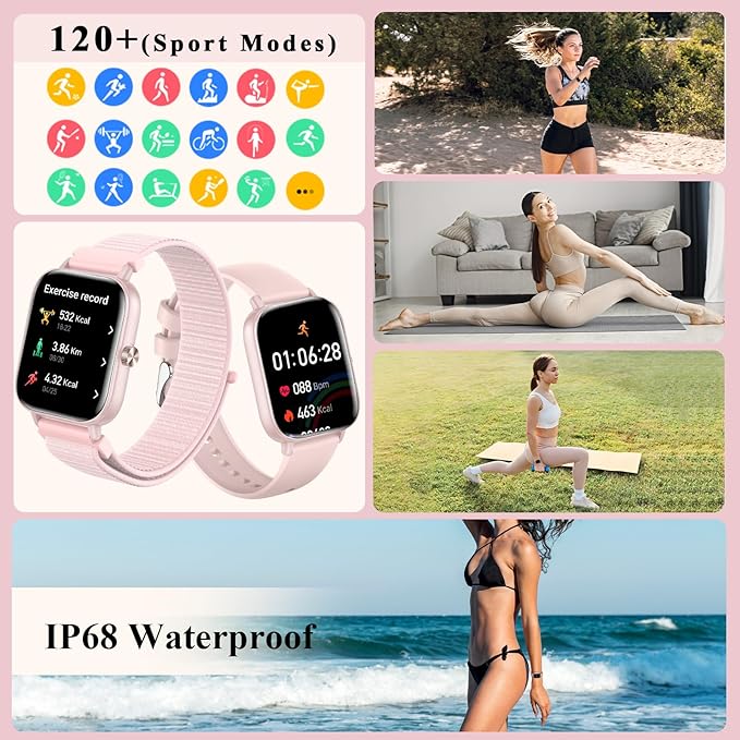 Smart Watch for Women Men (Answer/Make Calls) 1.83" HD Smartwatch Compatible Android iOS Phones with Fitness Running Step Counter/Heart Rate/Sleep, 120+ Sports Modes IP68 Waterproof, Pink/3 Bands