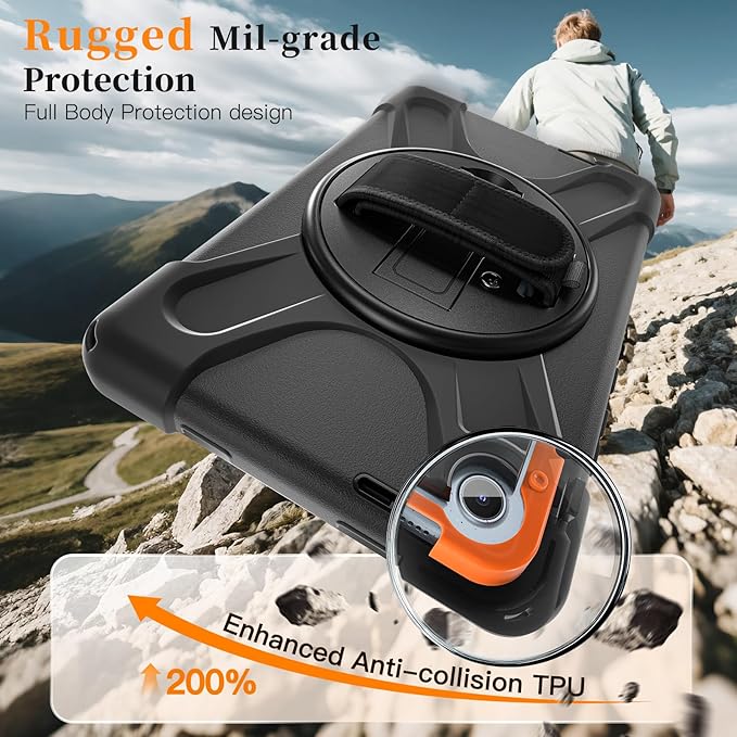 ZenRich Rugged Case for Lenovo Tab One 8.7" (2025) & Tab K9 TAB-305FU, Heavy Duty Shockproof Protective Case with 360° Rotating Kickstand, Hand Strap, Shoulder Belt