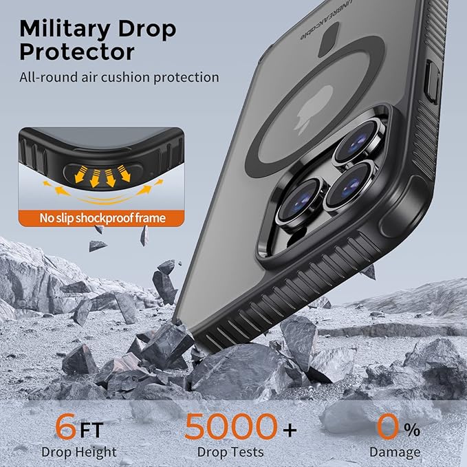 UNBREAKcable Magnetic Case for iPhone 14 Pro Max, [Compatible with MagSafe] [Military Grade Shockproof] [Non-Slip] Translucent Matte Back& Soft Silicone Airbag Bumper for Apple 6.7inch – Black