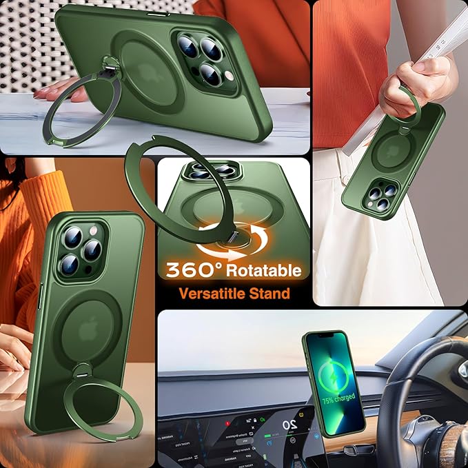 360° O-Ring MagStander for iPhone 13 Pro Case with Magnetic Kickstand Ring Holder [Compatible with MagSafe][360°Rotate Stand Ring][Military Shockproof] iPhone 13 Pro Phone Cover Matte Green