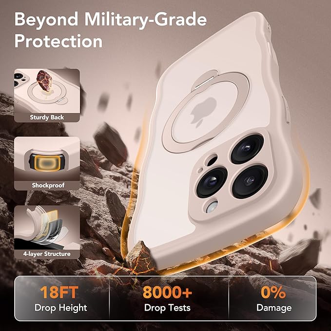 for iPhone 16 Pro Max Case for Women,[Compatible with Magsafe][360° Spin Magnetic Stand][Cute Wave Edge][Military-Grade Protection] Translucent Matte Phone Case for iPhone 16 ProMax, Rose Gold