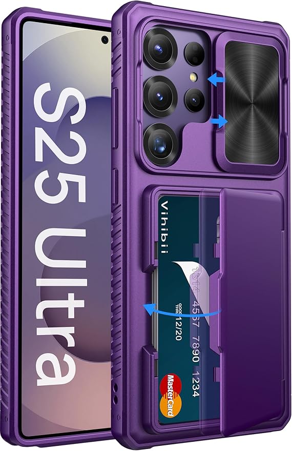Vihibii for Samsung Galaxy S25 Ultra Wallet Case, Built-in Card Holder (4 Cards), [RFID Blocking] & Slide Camera Lens Protective Cover, Heavy Duty Phone Cover for Samsung Galaxy S25 Ultra, Dark Purple