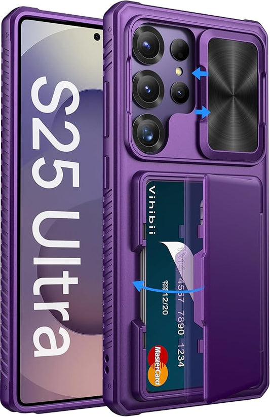 Vihibii for Samsung Galaxy S25 Ultra Wallet Case, Built-in Card Holder (4 Cards), [RFID Blocking] & Slide Camera Lens Protective Cover, Heavy Duty Phone Cover for Samsung Galaxy S25 Ultra, Dark Purple