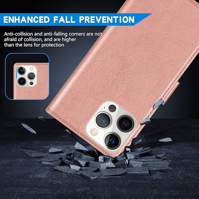 ZZXX for iPhone 15 Pro Wallet Case with [RFID Blocking] Card Slot Kickstand Magnetic Closure Leather Flip Fold Protective Phone Case for iPhone 15 Pro Case Wallet(Rose Gold-6.1 inch)