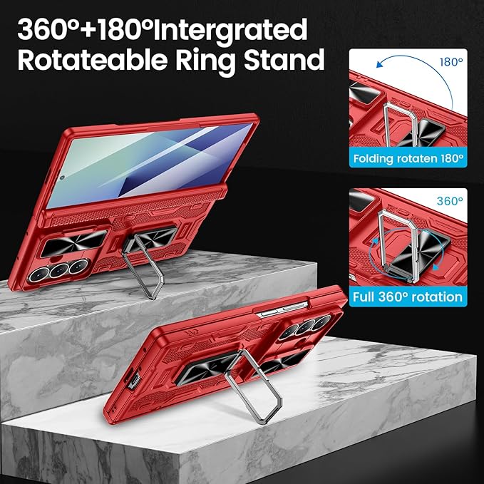 VEGO for Samsung Galaxy Z Fold 7 Case with Belt Clip Holster, [360°Ring Kickstand] [Camera Cover] [Front Screen Protector] [Hinge Protection] Shockproof Armor Cover for Galaxy Z Fold7 - Red