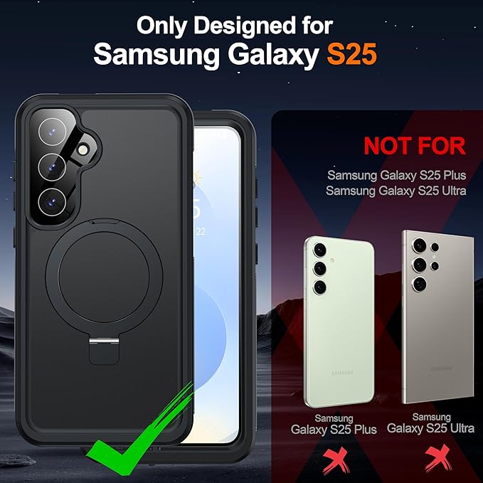 Magnetic & Stand for Samsung Galaxy S25 Case Waterproof[Built-in Screen Protector][Fit for Magsafe][Invisible Kickstand] 360° Full Body Sealed Protective Dustproof Shockproof Case Black