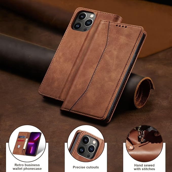Jasonyu Flip Wallet Case for iPhone 13 Pro Max,Leather Magnetic Folio Cover with Card Holder,Kickstand - TPU Shockproof Durable Protective Phone Case,Brown