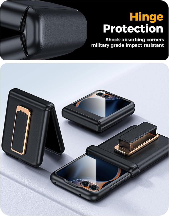 for Motorola Razr 2025 Case/Razr 2024 Case, Built-in Screen Protector & Hinge Protection & 360° Spin Stand & Hand Strap, Slim Genuine Leather Shockproof Phone Case for Razr 2025/2024(Black)