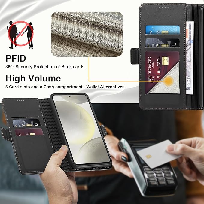 Wallet Flip Case for Samsung Galaxy S24 Plus/S24+ 5G - [RFID Blocking] Luxury PU Leather Card Holder Magnetic Phone Cover with Kickstand,Shockproof Protective Case,Black