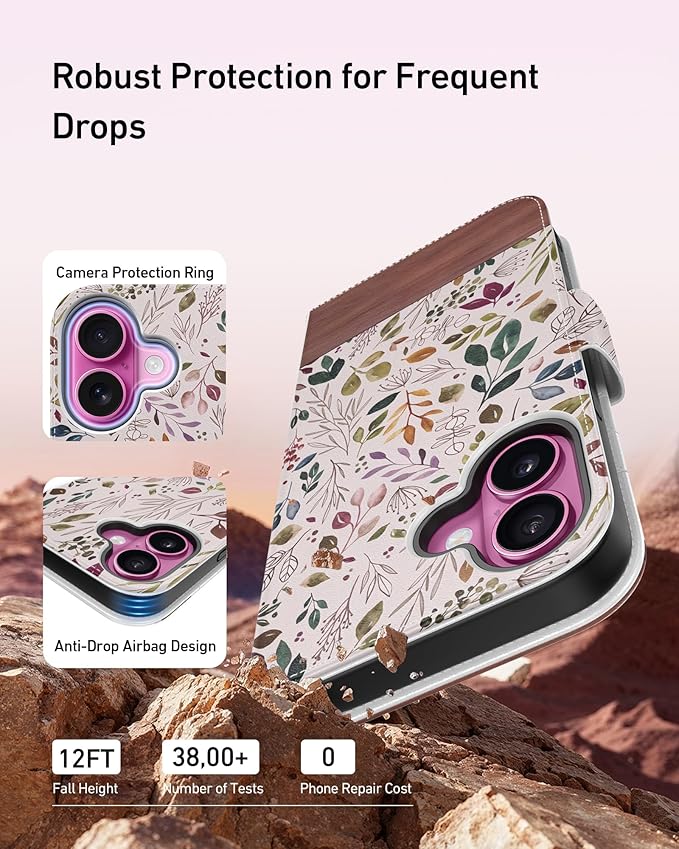 DEENAKIN for iPhone 16 Wallet Case with Card Holder + Cash Clip, RFID-Blocking, Military-Grade Drop Protection, Magnetic Closure with Leather Kickstand - Vibrant Foliage