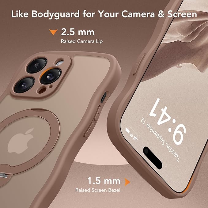 GolbinBox for iPhone 14 Pro Max Case for Women,[Compatible with Magsafe][360° Spin Magnetic Stand][Cute Wave Edge][Military-Grade Protection] Translucent Matte Phone Case for iPhone 14 ProMax, Brown