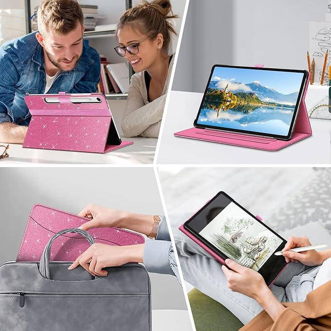 Fintie Case for Samsung Galaxy Tab S10 Lite/ S10 FE/ S9 FE 5G 10.9 Inch/Tab S9 11 Inch with S Pen Holder, Multi-Angle Viewing Protective Cover with Pocket, Auto Sleep/Wake, Glittering Pink