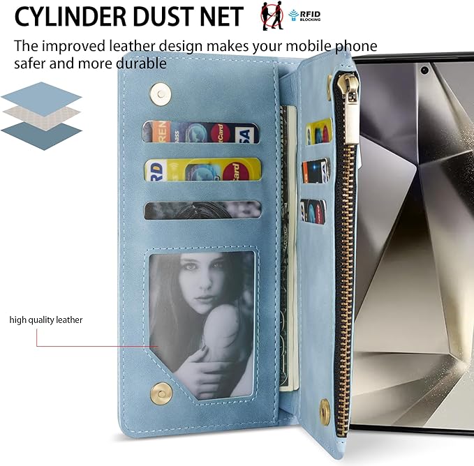 ZZXX for Samsung Galaxy S24 Ultra Wallet Case with RFID Blocking Card Slot PU Leather Zipper Flip Folio with Strap Kickstand Protective Cover for Galaxy S24 Ultra Case Wallet(Light Blue-6.8 inch)