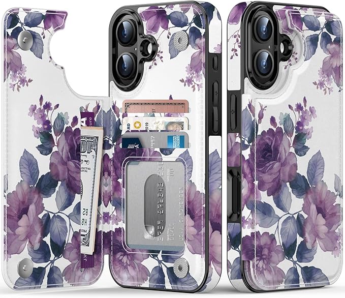 FUNMIKO for iPhone 16 Plus Wallet Case with Card Holder, RFID-Blocking, Military-Grade Protection & UV-Printed Artwork, Magnetic Closure with Leather Kickstand - Elegant Purple Floral