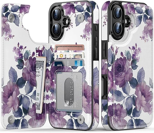 FUNMIKO for iPhone 16 Plus Wallet Case with Card Holder, RFID-Blocking, Military-Grade Protection & UV-Printed Artwork, Magnetic Closure with Leather Kickstand - Elegant Purple Floral