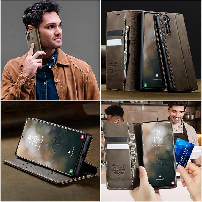 Wallet Case for Samsung Galaxy S21 Plus Leather Wallet Flip Cover with Card Holder, Kickstand, Magnetic Closure, RFID Blocking TPU Shockproof Phone Case Compatible with S21 Plus, Coffee