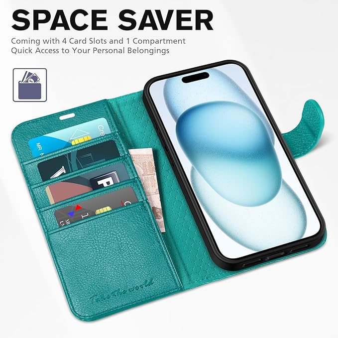 TUCCH Case Wallet for iPhone 15, [RFID Blocking] PU Leather Stand Folio Cover with 4 Card Slots [TPU Protective Interior Shell], Magnetic Flip Case Compatible with iPhone 15 5G 6.1-inch 2023, Cyan