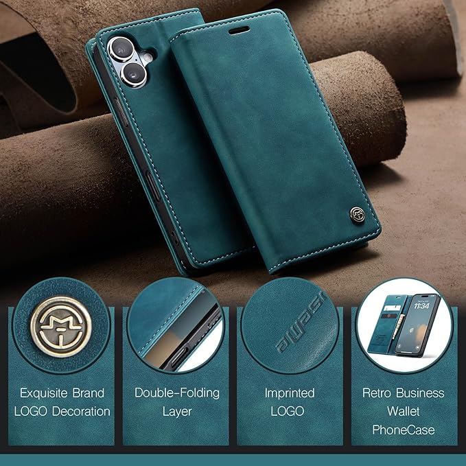 for iPhone 16 Plus Case, Flip Wallet Leather Case with Card Holder Magnetic Closure Shockproof Kickstand Protective Phone Cases Cover for iPhone 16 Plus, Blue-Green